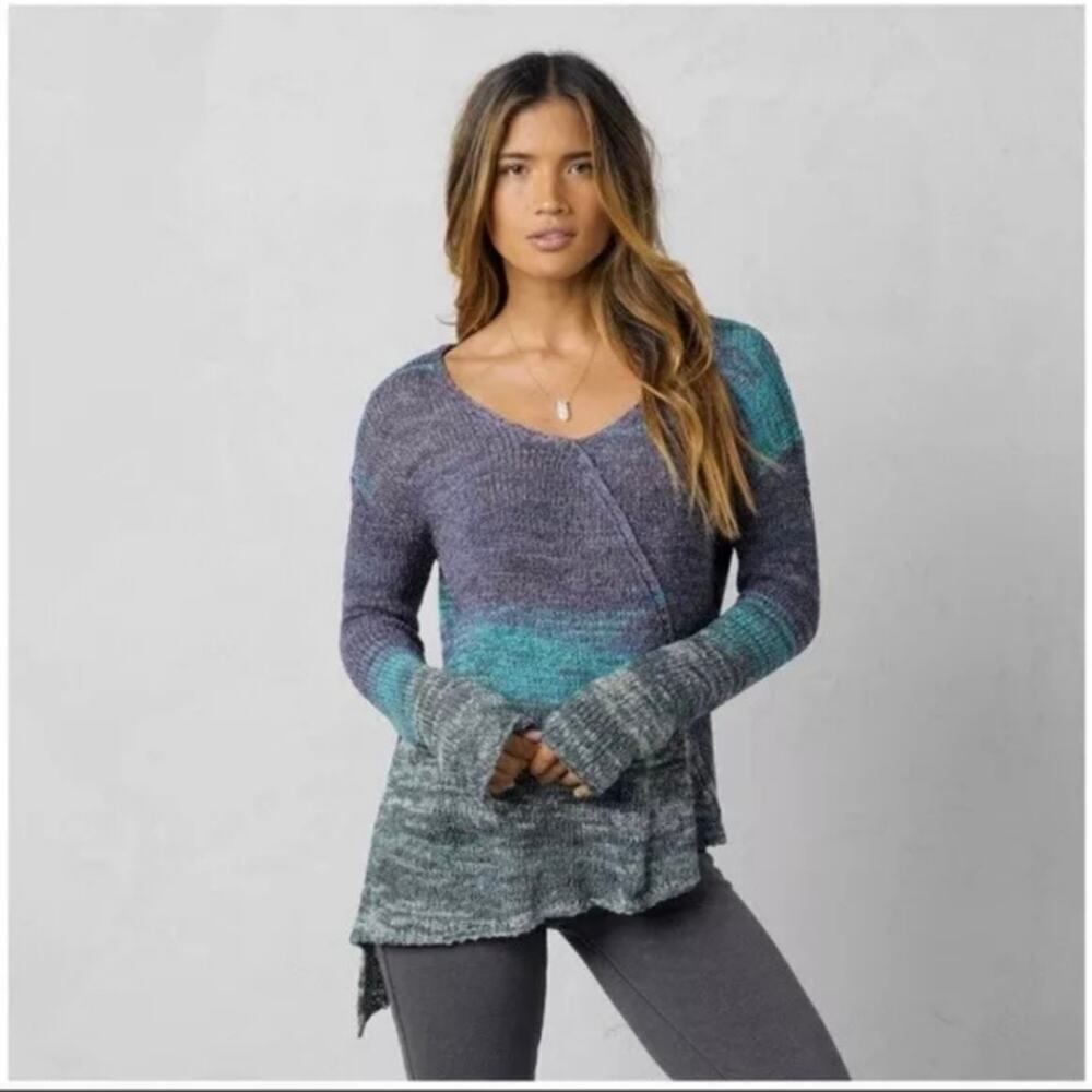 Prana Vignette Sweater Asymmetrical Knit Top Green Blue Purple V-Neck sz Medium